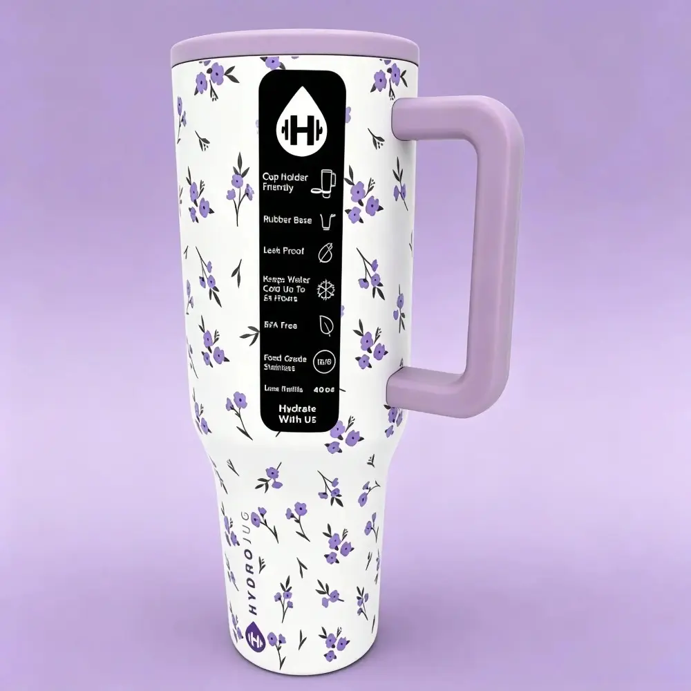 HydroJug 40-oz Stylish Purple Floral Vacuum Tumbler, Stainless Steel Flask with Handle, Leak-Proof, BPA-Free, Cup Holder-Fit, Long-Lasting Cold Drinks, Ideal for Iced Coffee, Car Use