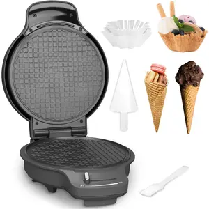 Waffle Cone Maker Machine with Browning Control, 7.5” Ice Cream Cone Maker, Cone Roller & Bowl Press Included, Thin Crispy Nonstick Waffle Bowl Maker, Graphite