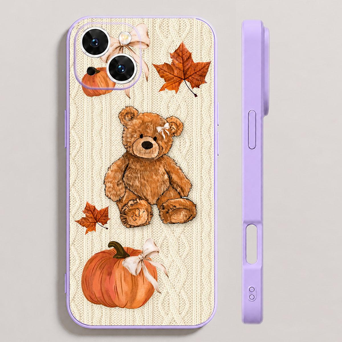 Pumpkin Teddy Knit Phone Case, Autumn Cottagecore Maple Leaf Slim Bumper Cover for iPhone 17 16 15 14 13 12 11 X Plus Pro Max, Fall Birthday Gift