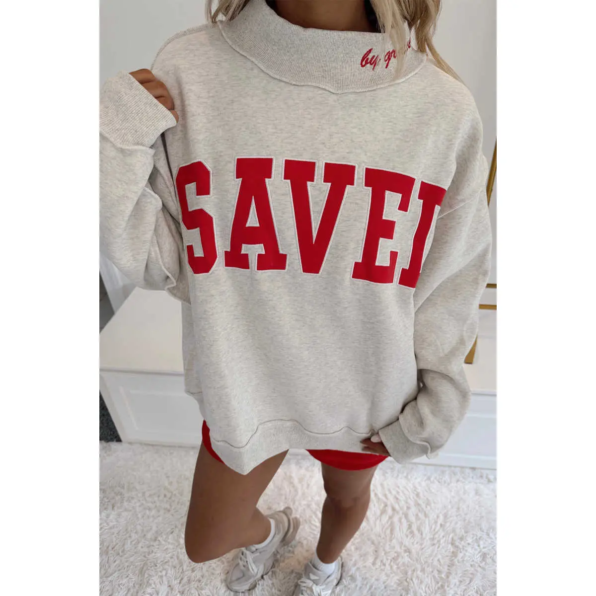 Gray Saved By Grace Embroidered Detail Letter Graphic High Neck Sweatshirt sohochic