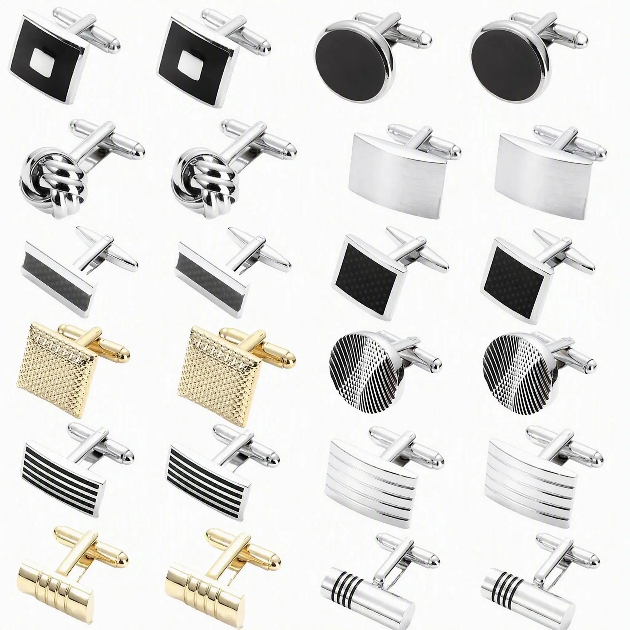 12 Pairs Classic Cufflinks Set – Silver & Black Tone Square and Rectangle Disc Designs, Formal Suit Accessories for Wedding Groom and Business