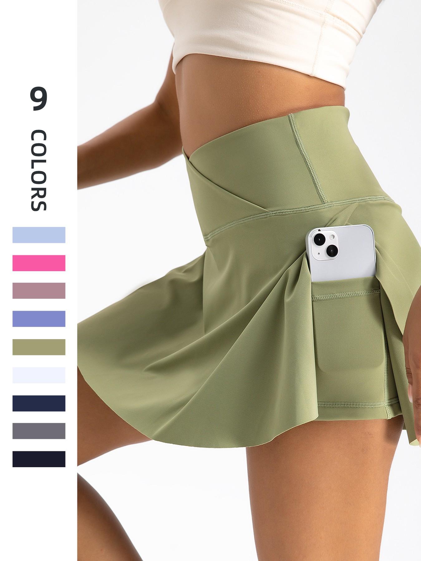 Women's High-Waisted Cross-Belt Sports Skirt, Waist Cinching with Pockets, Anti-Exposure Tennis Skirt, Breathable Yoga Shorts Skirt