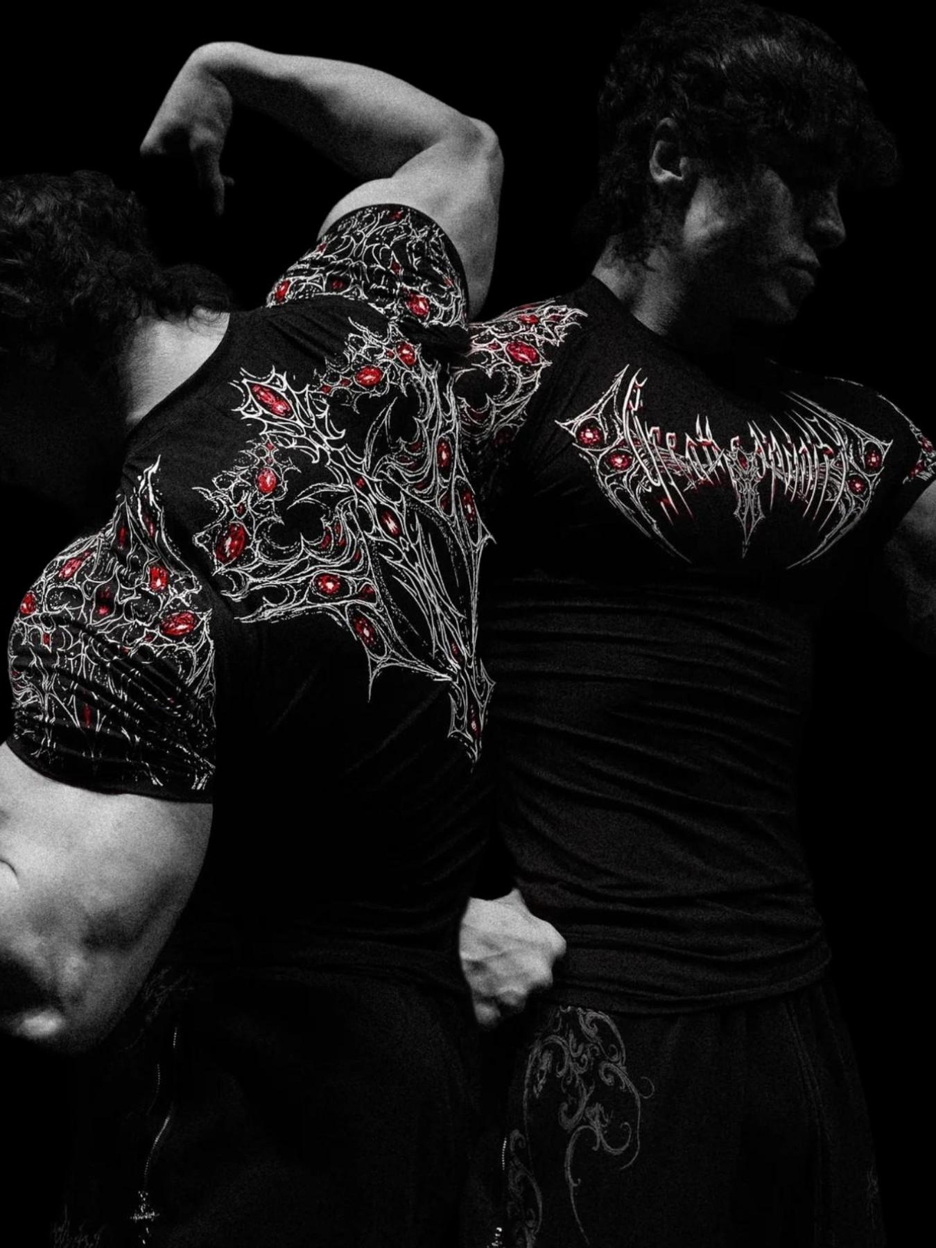 Men's Slim-Fit Short Sleeve T-Shirt, Cyber Gothic Dark Style, Elastic Quick-Dry Fitness Top, Ideal for Strength Training & Streetwear