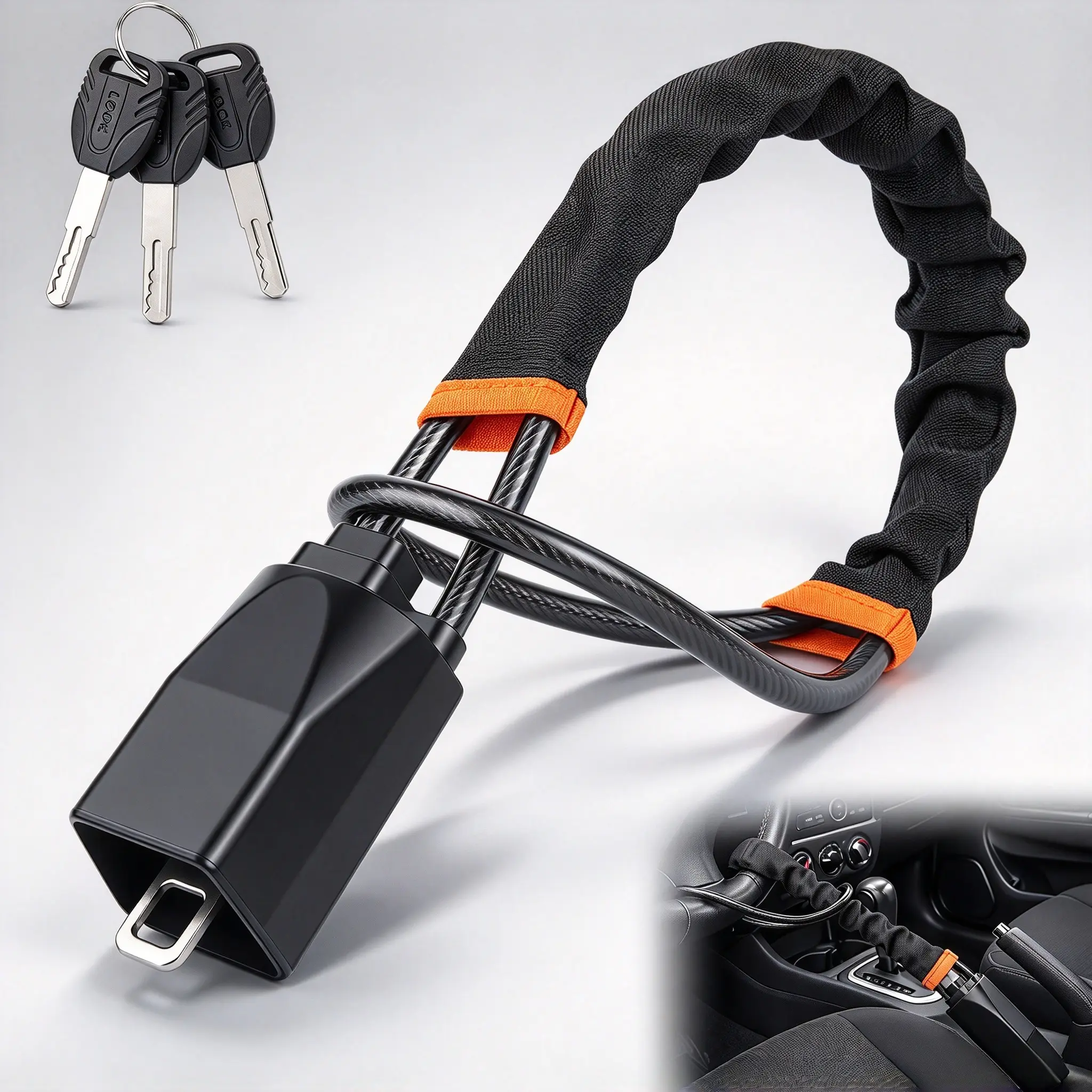 Universal Heavy-Duty Car Steering Wheel Lock with 3 Keys, Reinforced Metal Double Lock, PVC Coated Solid Cable, Quick Install Anti-Theft Lock for Cars & SUVs