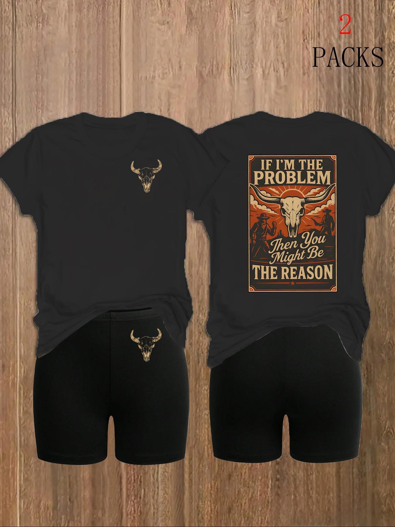 Women's 2-Pack Western Bull Print Short Sleeve T-Shirt & Camo Shorts Set, Soft Casual Fabric, Daily Streetwear Loungewear, Black Beige Pink White Purple Red Multi-Color Options
