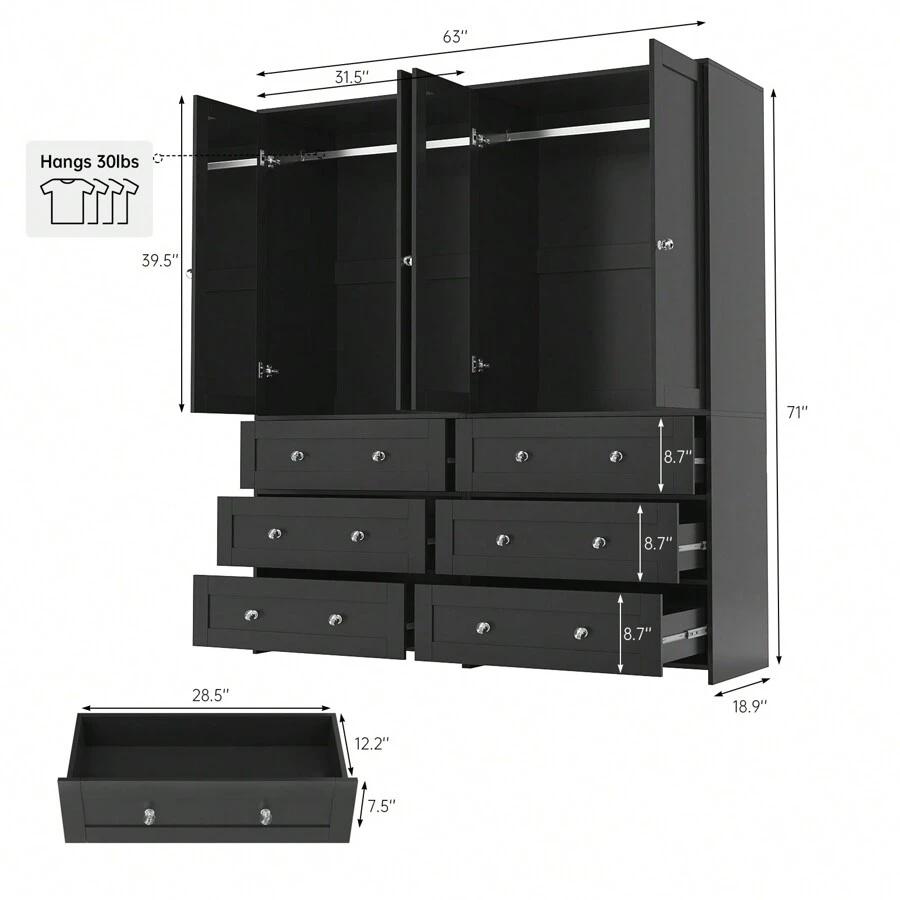71" Large Wardrobe Closet With Mirror, Freestanding Bedroom Armoire With 3/6 Large Drawers & 2/4 Doors, Clothes Storage Organizer Cabinet For Bedroom