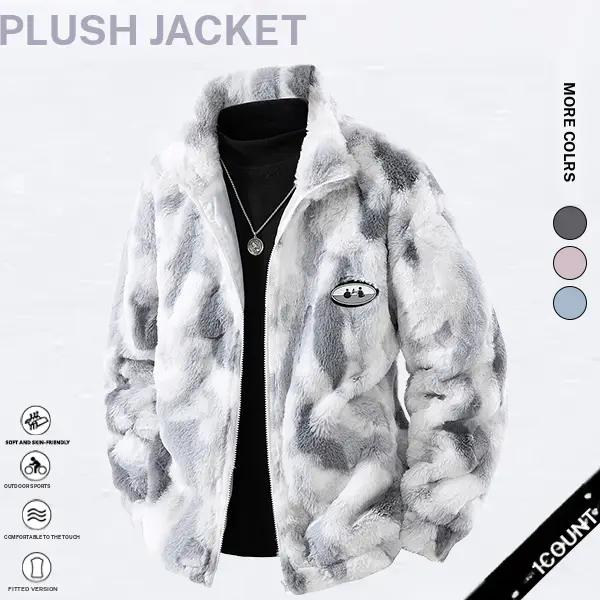 Men's Friendship lasts forever chest badge Thickened warm plush jacket, Warm Windproof Coat with Pockets, Casual Fall & Winter Outerwear, Long Sleeve Zipper Design Menswear