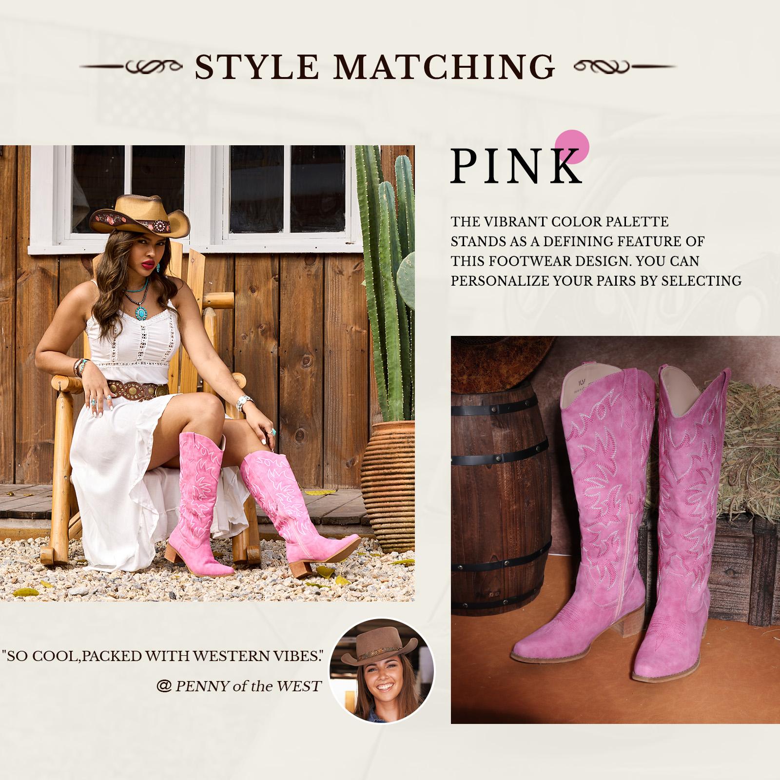 IUV Cowboy Boots For Women Knee High Boots Pointy Toe Women's Western Boots Side Zipper Chunky Heel Cowgirl Boots