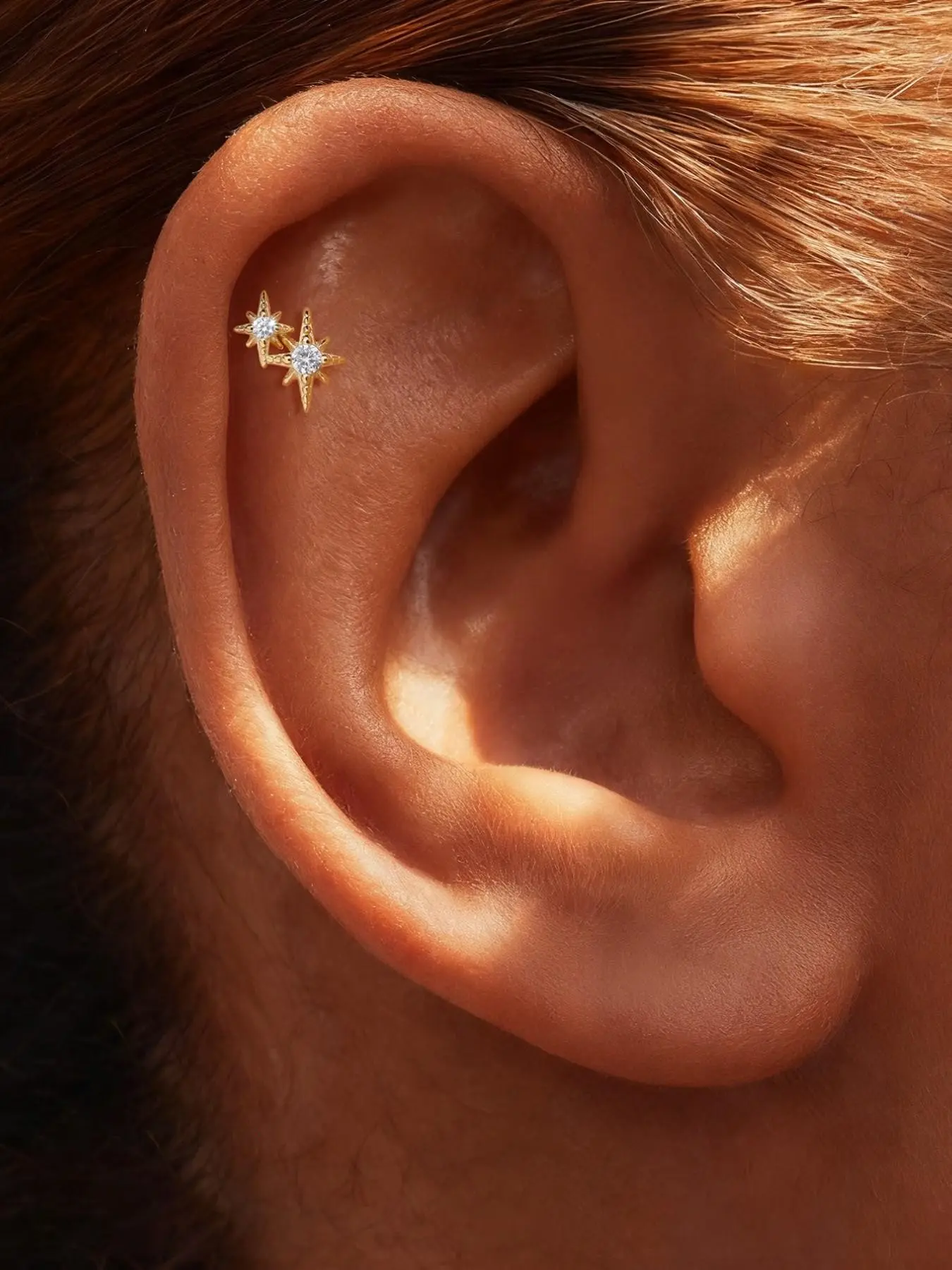 18K Gold Plated S925 Silver Flat Back, 1Pc Comfortable Tiered North Star Pave Piercing Stud, Secure Threaded Daily Wear Office, Perfect Birthday Mother’s Day Christmas Gift for Men Women Wedding Set