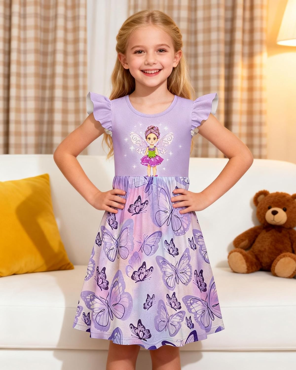 Girls Nightgown Pajama Dress, Toddler Princess Sleepwear with Flutter Sleeves, Soft Breathable Nightgown for Kids, Gentle Stretch