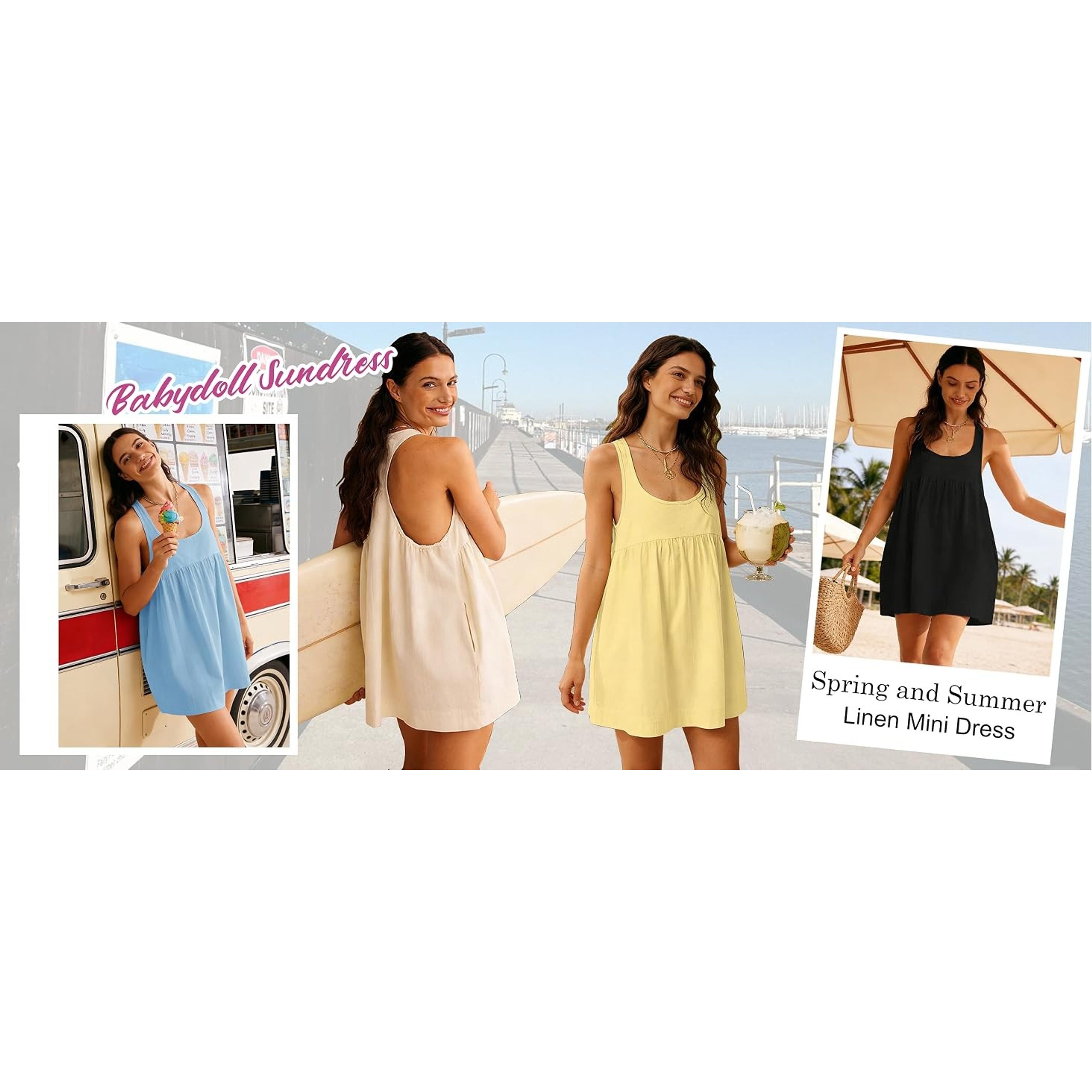 Womens Sleeveless Square Neck Linen Mini Sundress Open Back Casual Babydoll Summer Dress(Gift)