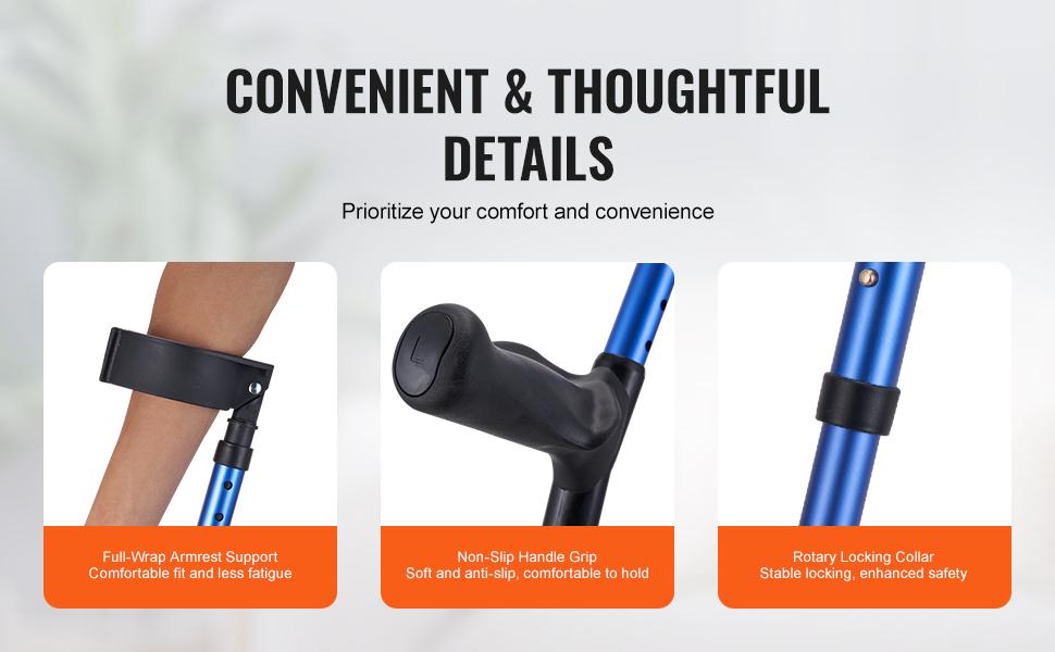 VEVOR Forearm Crutches for Adults, 11-Level Height Adjustable Walking Crutches with 4-Level Upper Cuff, Lightweight Aluminum Medical Support Crutches for Leg Injury Surgery Disabled, 1 Pair (350LBS)