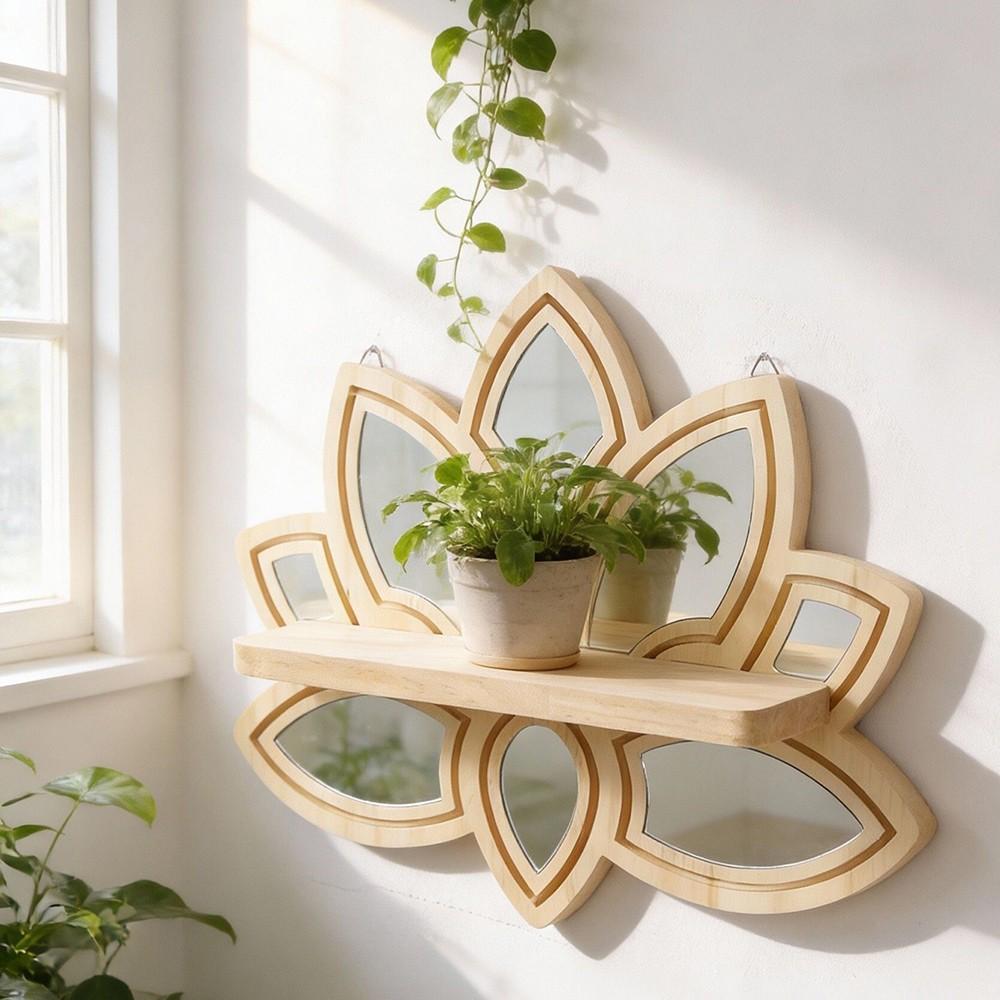1pc Lotus Flower Wooden Wall Shelf with Mirror, 13.18" Boho Floating Shelf, Rustic Decor for Living Room, Bedroom, Bathroom, Yoga Room