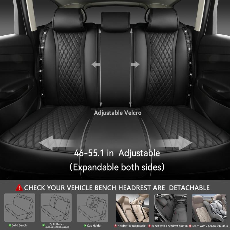 CAR PASS Bling Car Seat Covers, Microfiber Nappa Leather Luxury Cushioned, Waterproof Heavy-Duty Anti-Slip Universal Fit for Auto SUV Sedan, Sparkly Glitter Shining Rhinestone Full Set