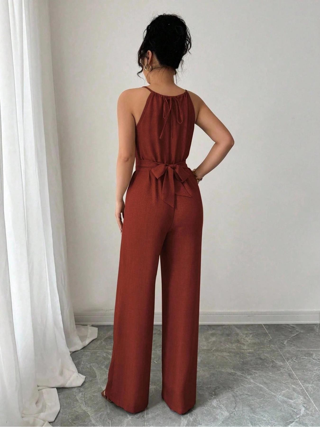 Elegant Women's Solid Color Beaded Jumpsuit, Womenswear, Perfect for Parties and Formal Occasions, Sleeveless Design for Layering