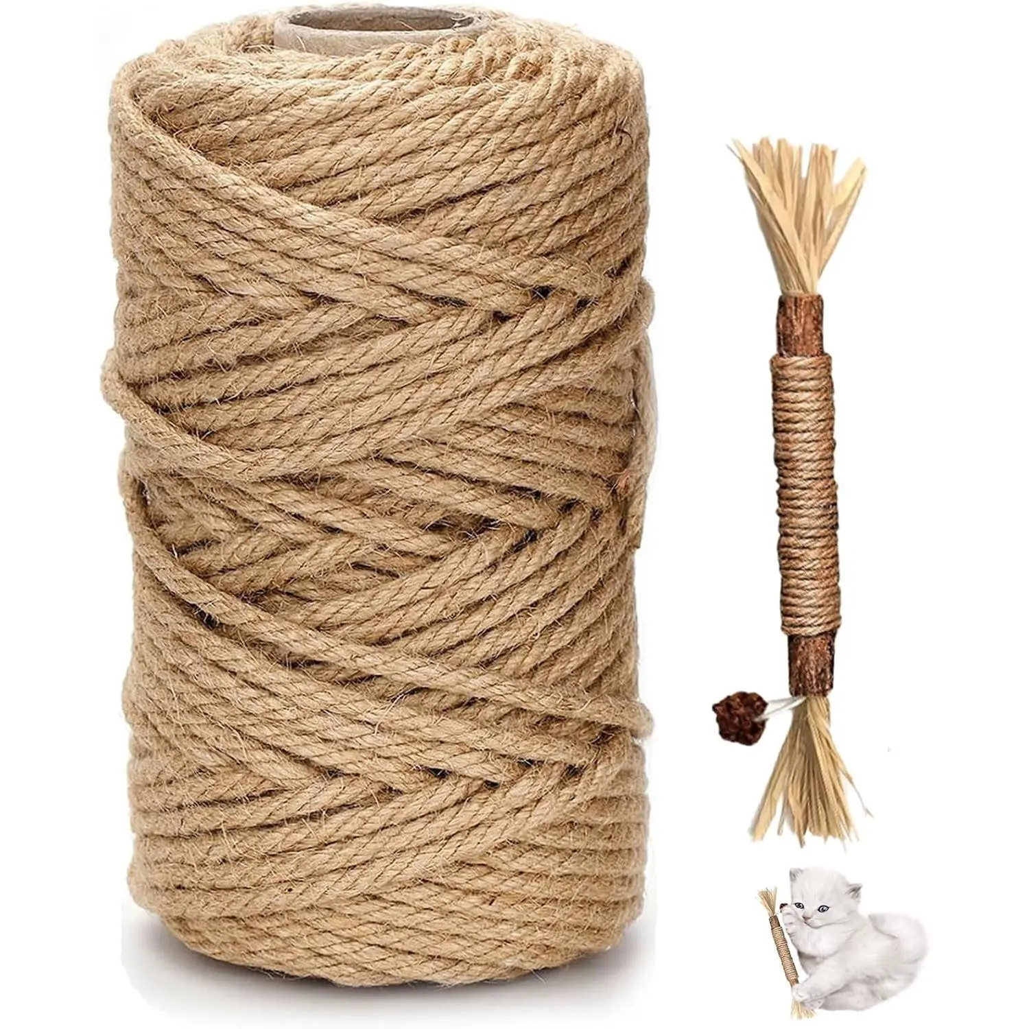 Natural Sisal Rope for Cat Scratcher - 100ft x 1/4" Durable Hemp Rope & Twine Cat Toy with Catnip, Includes Free Silvervine Sticks, Eco-Friendly for Cats & Kittens