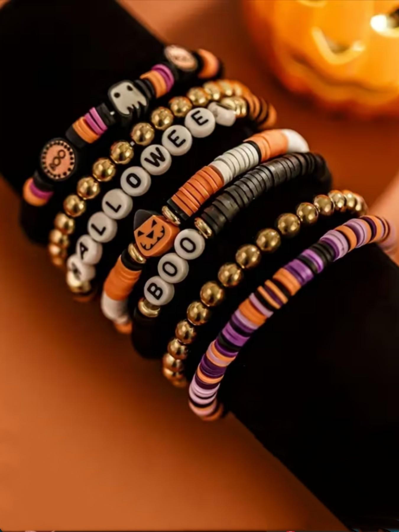 7pcs Halloween Themed Party Bracelets, Cool & Spicy Vintage Pumpkin Head Design, Polymer Clay Beaded Jewelry Set, Fashion Bracelet Sets, Perfect for Festive Events