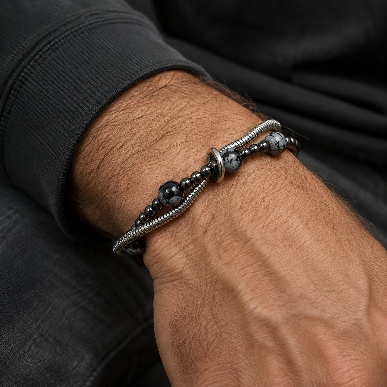 Men's Double-Layer Hematite, Snowflake Stone Beaded Bracelet - Stainless Steel Adjustable Snake Chain Jewelry Gift for Him