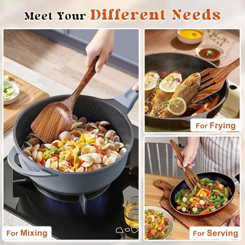 Premium Teak Cooking Utensils Set, Non-Stick Pot, Heat Resistant, Ergonomic Handle, Comfortable Grip, Suitable for Stirring