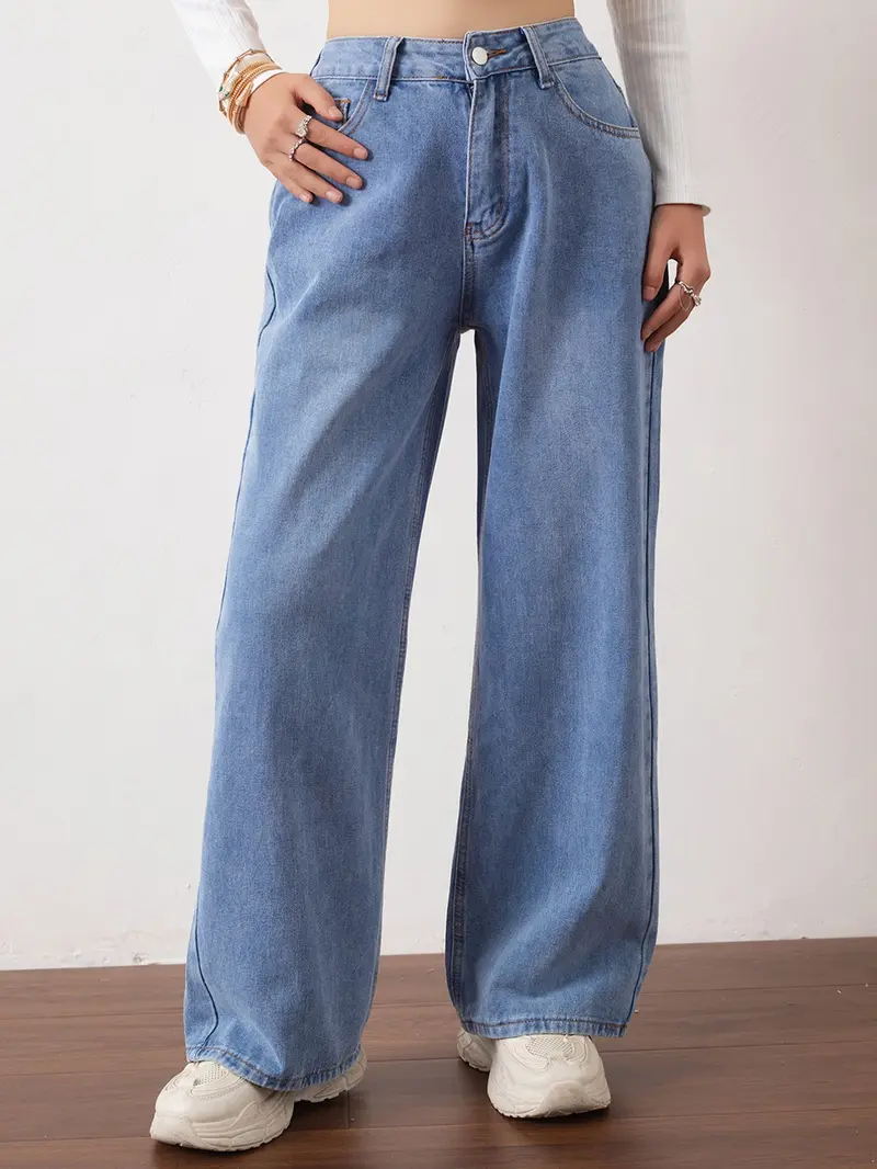 High Waist Wide Leg Jeans for Women, Light Blue Washed Fitted Denim Jeans, All Seasons, Casual Street Style, Comfortable and Stylish