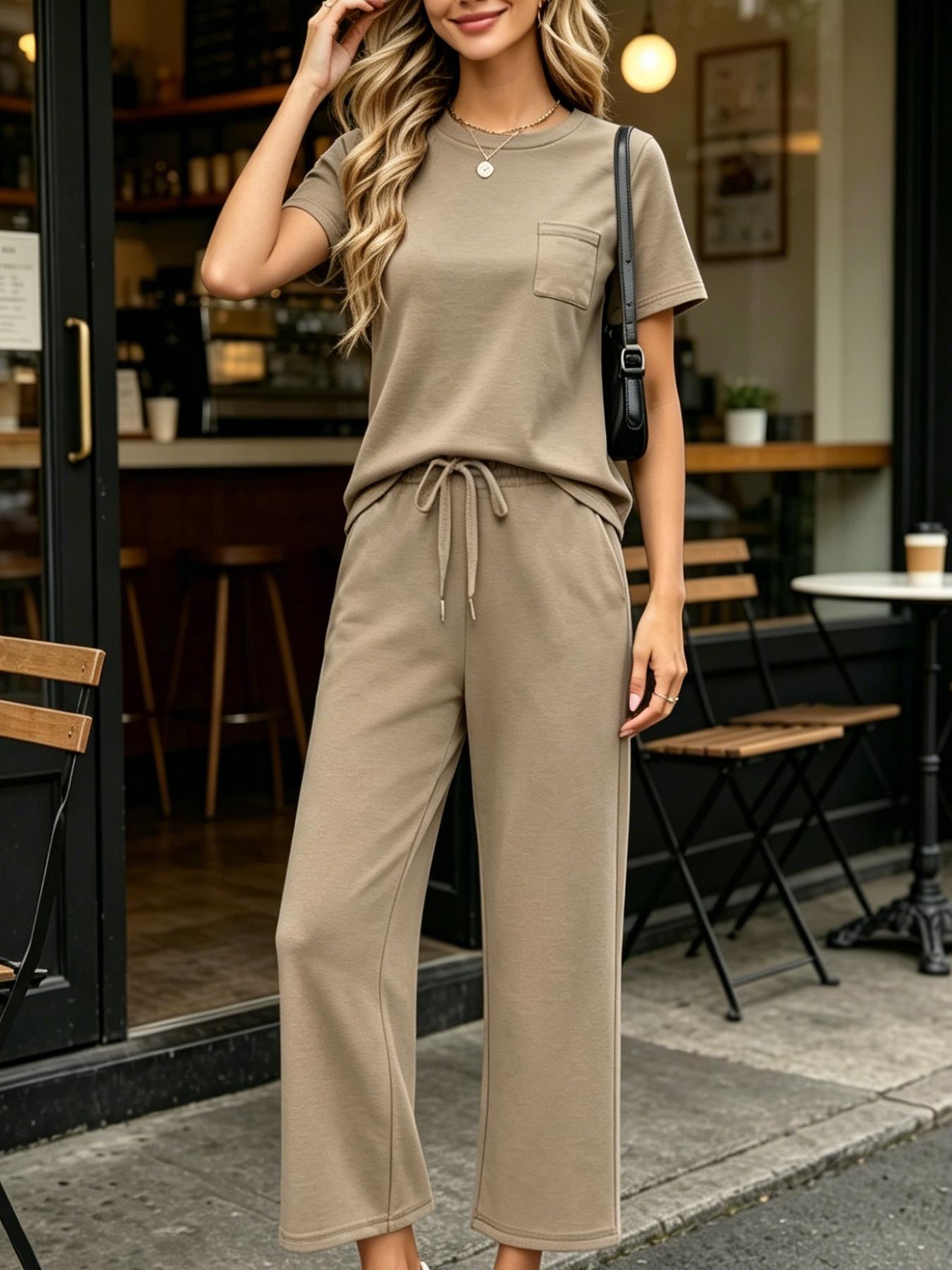 Women's Fashion Solid Color Casual Round Neck Pocket T-Shirt + Drawstring Wide Leg Pants Set Loose Fit Slimming Wide Leg Pants Two-Piece Set Suitable for Summer Commuting to Work Shopping Outings Indoor and Outdoor Wear