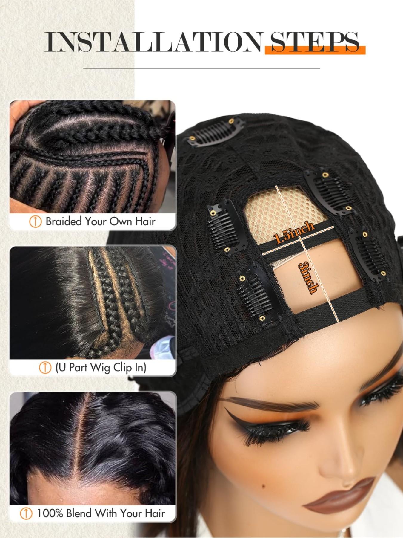 Women U Part Wig V Part Yaki Layered Curly Wigs, 16 Inch Clip-In Synthetic Wig, Heat-Resistant No-Sew-In Design, Natural-Looking