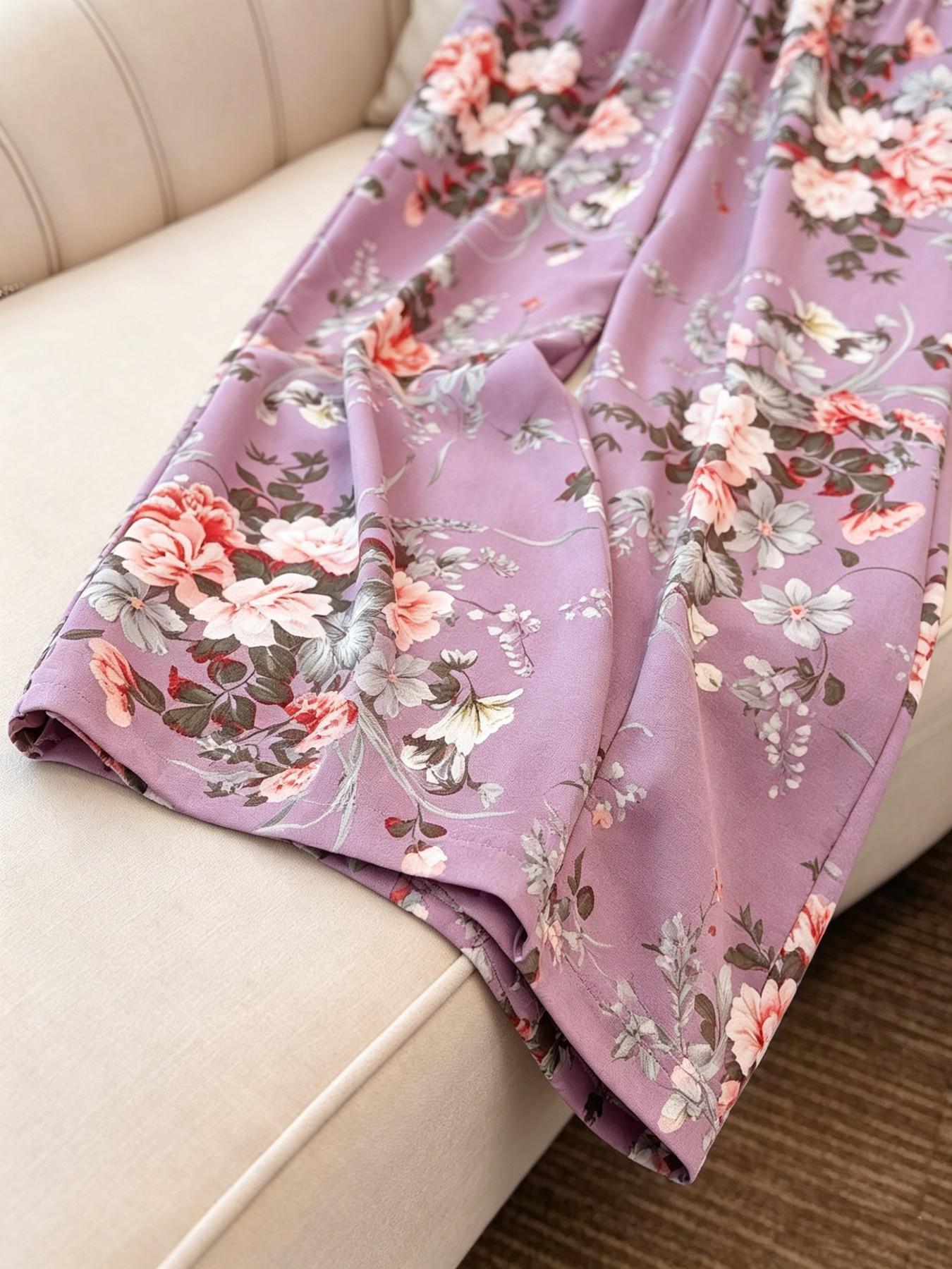 Lavender Floral High Waist Wide Leg Pants, Summer Casual Boho Palazzo Trousers with Pockets, All over Print, Fitted Style