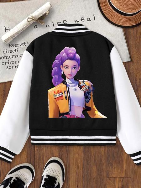 Girls' Short Baseball Jacket Coat, Cartoon Design, Elastic Fabric, Fitted Style, Collared Jacket, Fall & Winter School Uniform Outerwear
