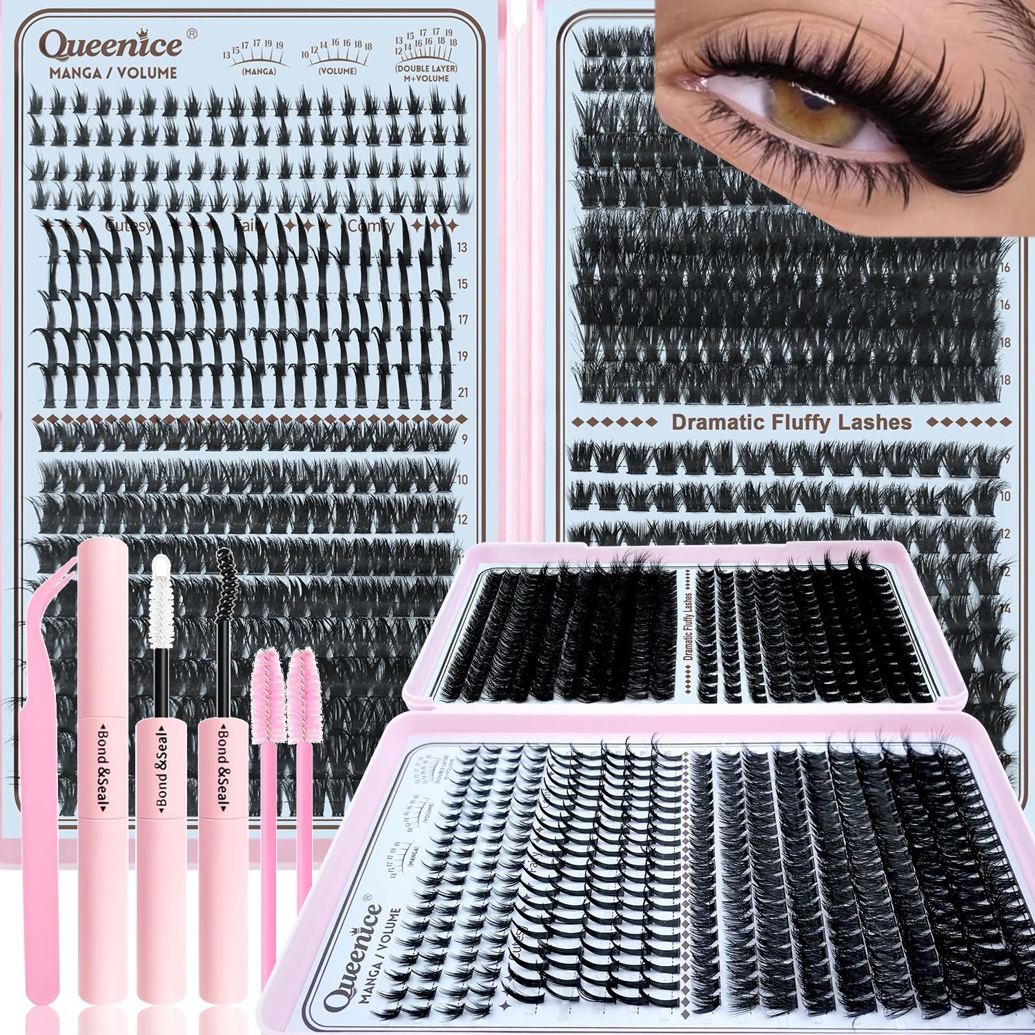 Queenice Lash Clusters Kit, Eyelash Extensions Set, 80D 100D 120D Spikes, D Curvature, Lash Bond, Eyelash Glue Tweezers, Brush, DIY at Home