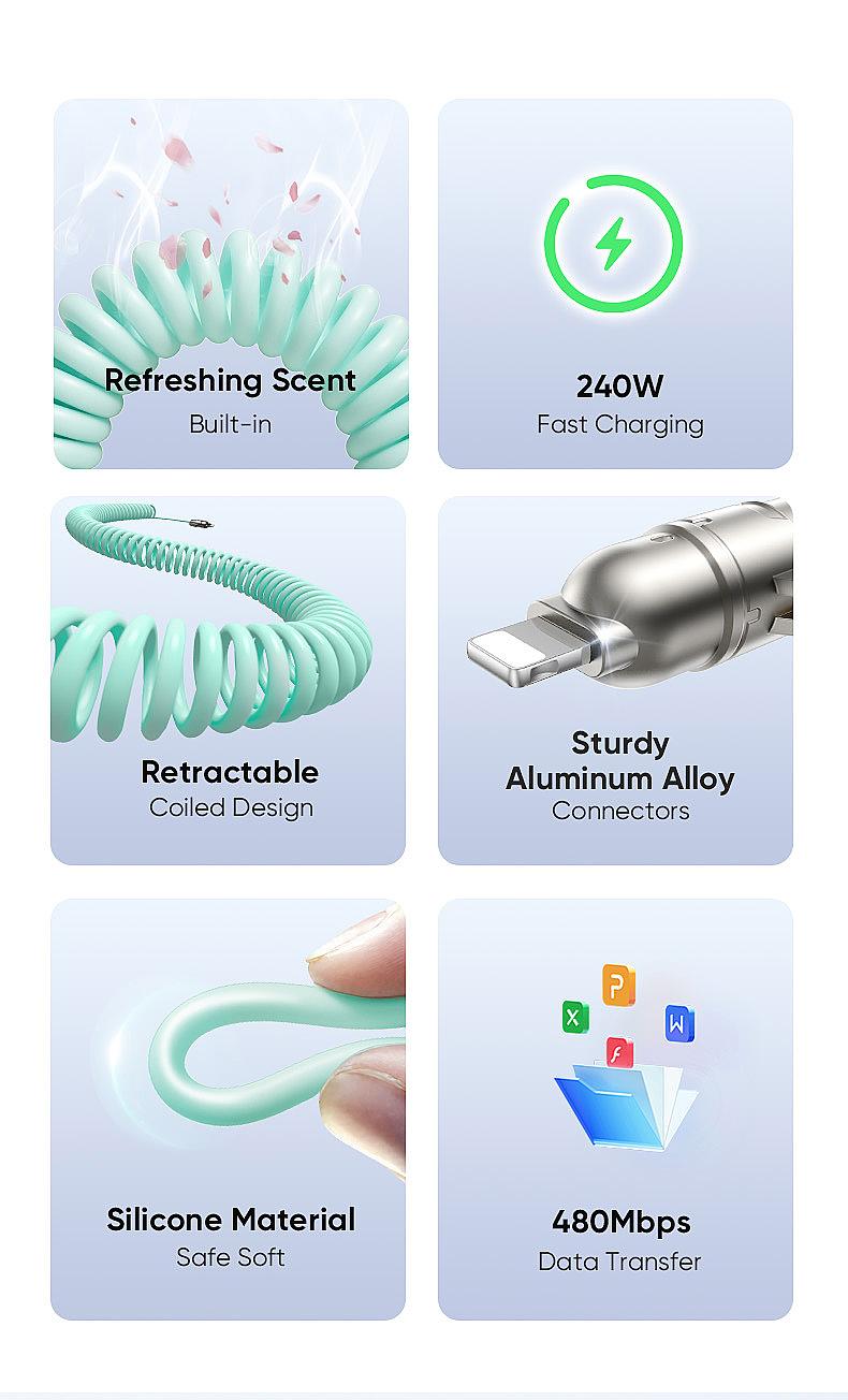 MAGIC JOHN Aromatherapy 4-in-1 Coiled Universal USB Charger Cable ️240W Fast Charging & Data Sync for iPhone & Android, Build-in fragrant, Retractable CarPlay Cord