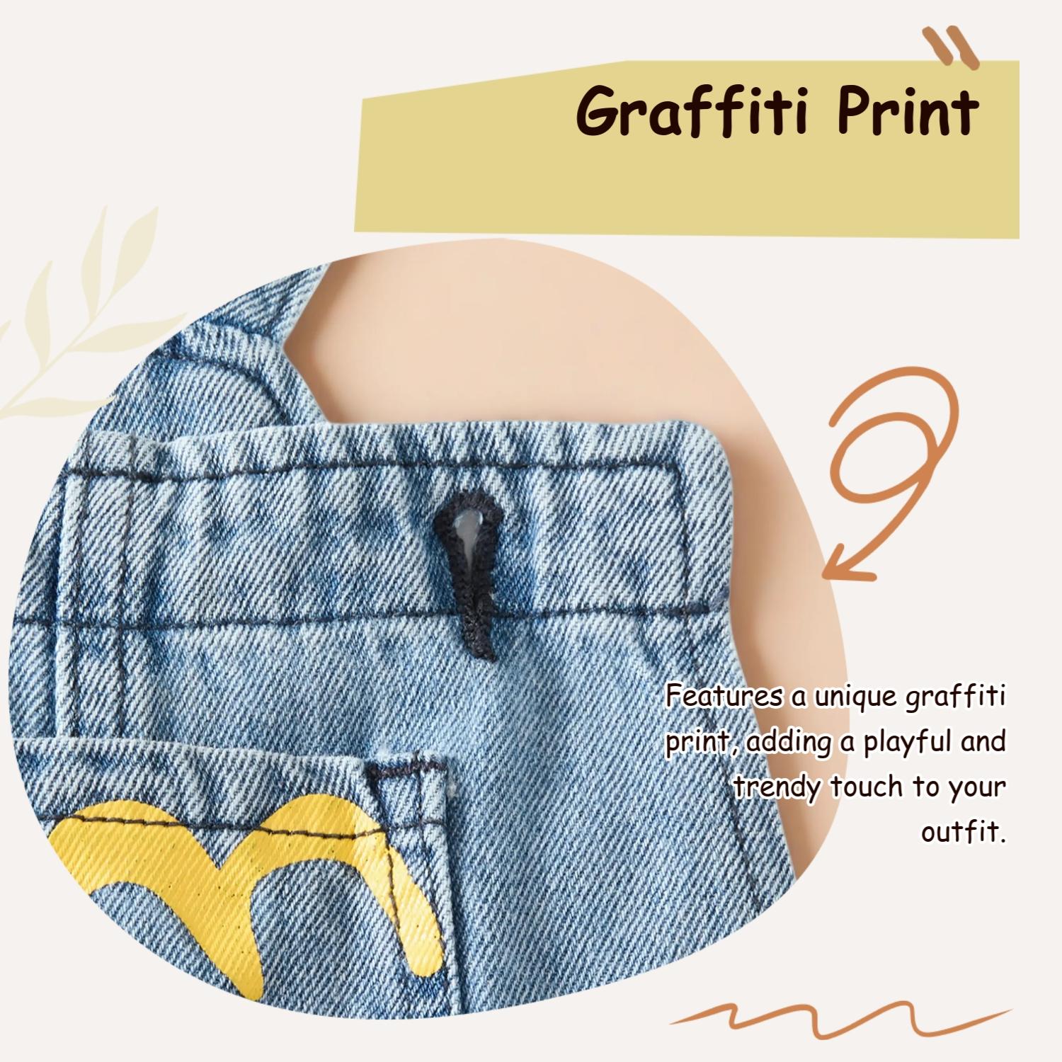 Teenage Girls' Fashionable Graffiti Print Denim Overalls, Loose Fit Casual Jeans for All Seasons, Stylish and Versatile