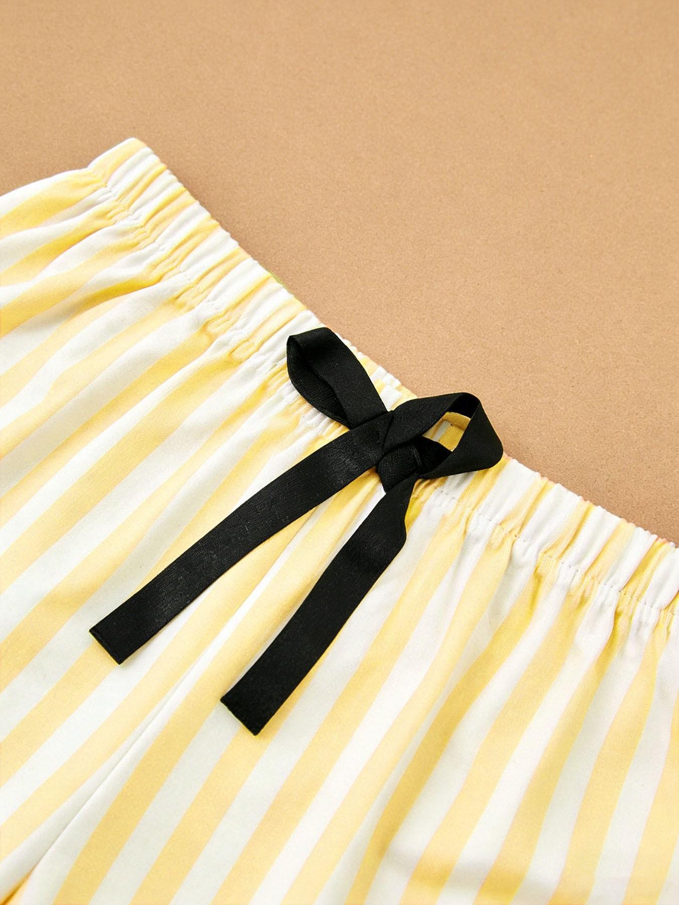 Women's Summer Sleepwear Set, Striped Sleeveless Round Neck Letter Print Bow Tie Shorts, Elegant Comfortable Wear-Outside Pajamas