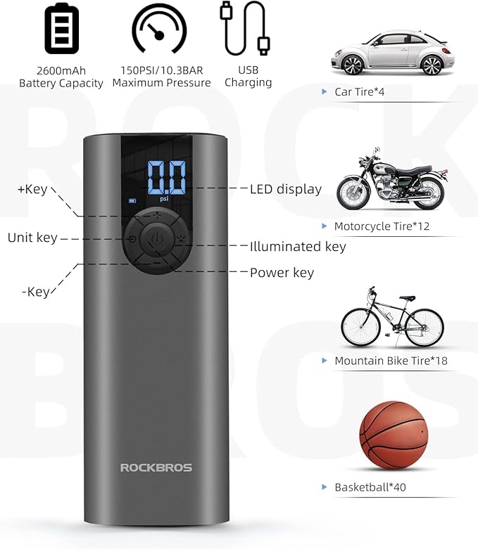 ROCKBROS Portable Air Pump 150PSI Mini Electric Tire Pump Inflator 5 Modes Cordless Air Compressor with 2 * 2600 mAh Rechargeable Lithium Battery Bike Motorcycle Car Tire Pump with LED Light Balls ROCKBROS Portable Air Pump 150PSI Mini Electric Tire Pump Inflator 5 Modes Cordless Air Compressor with 2 * 2600 mAh Rechargeable Lithium Battery Bike Motorcycle Car Tire Pump with LED Light Balls