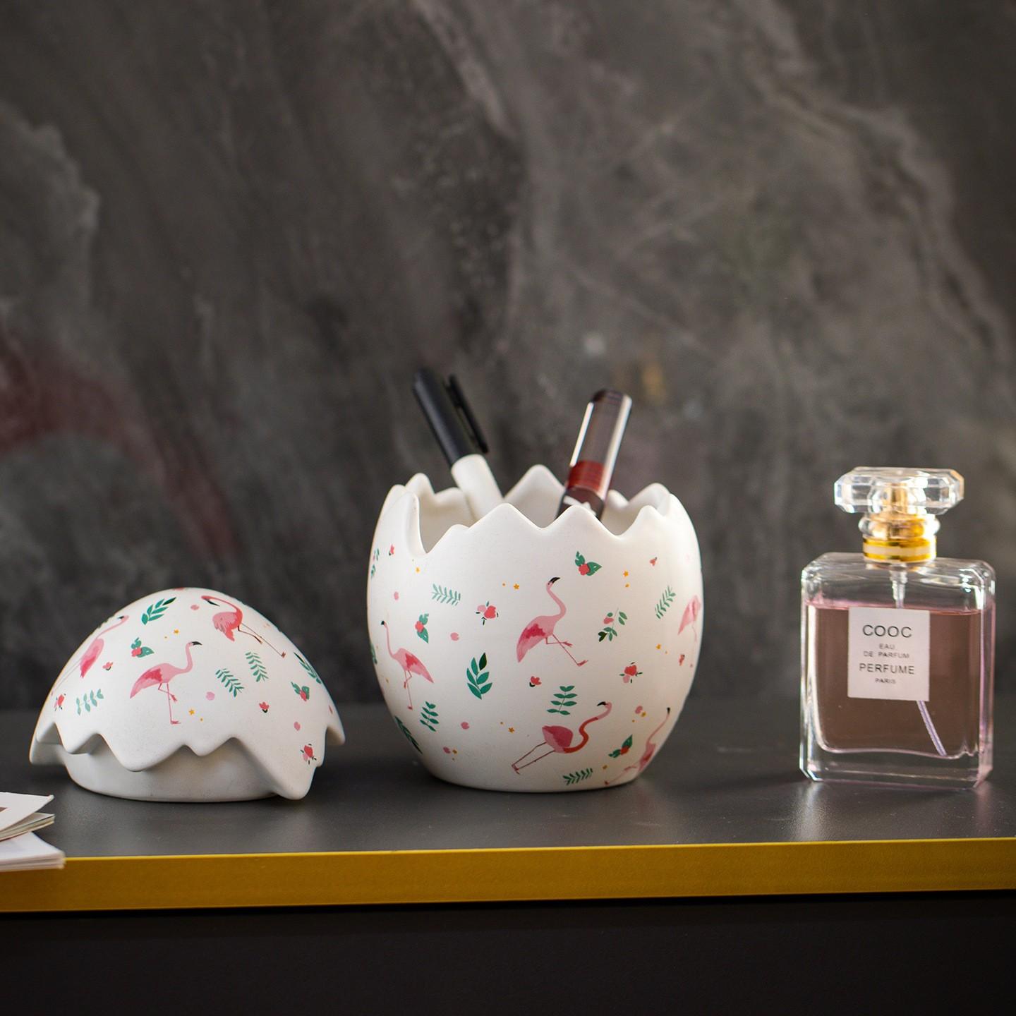 Hand-Painted Ceramic Easter Egg Cookie Jar, Decorative Flamingo Bird Pattern Candy Container, Spring Holiday Kitchen Storage, Home Decoration Gift