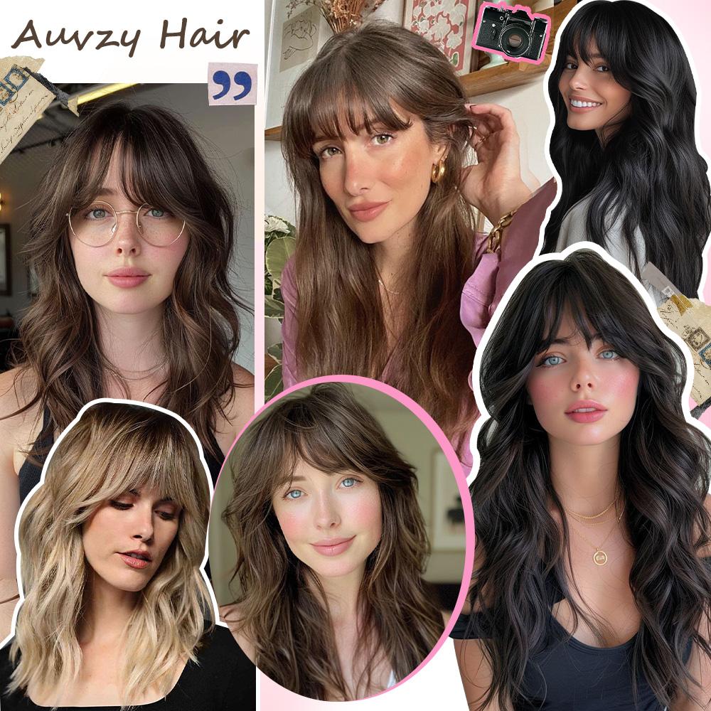 Auvzy Clip in Bangs Mini Wavy Hair Topper with Bangs 18inch Natural Looking Synthetic Clip Fringe for Thinning Hair Daily Wear Quick Styling Curly Wave