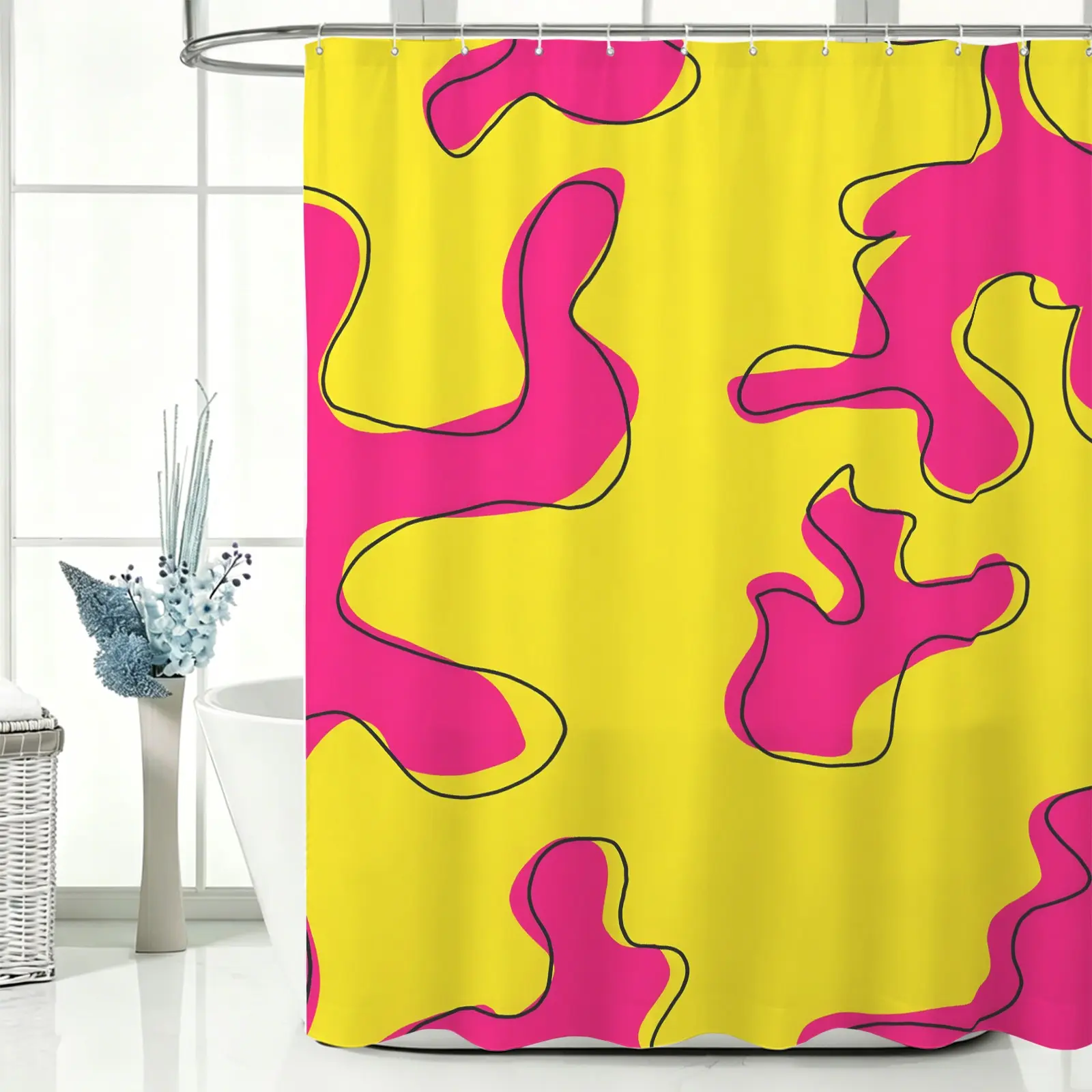 Modern Pop Abstract Graffiti Yellow Pink Camo Waterproof Shower Curtain with 12 Hooks, Bathroom Partition for Wet and Dry Separation, Multi Colors Option, Great Back To School Gift for Bathroom