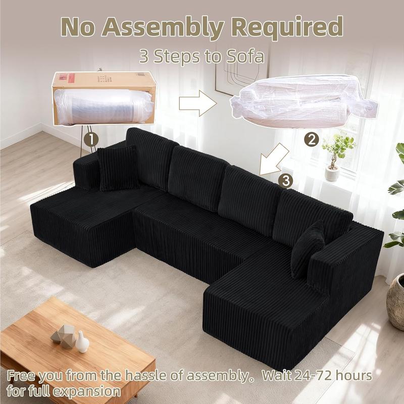 【2-3 Packages】 Niccae 132'' U-shape Boneless Memory Foam Sectional Sofa, Compressed Corduroy Sectional Couches, Oversized U Shape Comfy Modular Compression Cloud Sleeper Sofa with Deep Seat, Space-Saving Recliner Design