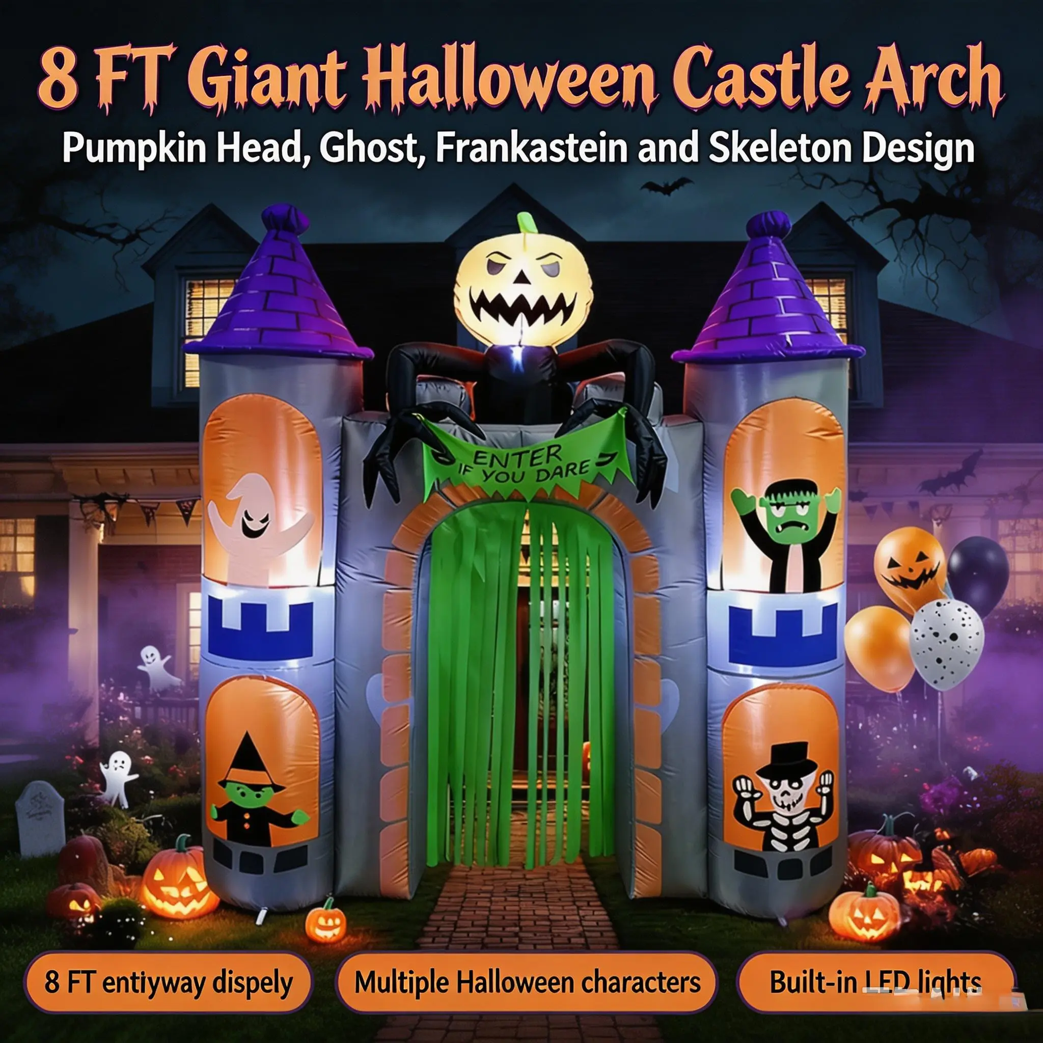 8 FT Halloween Inflatable Castle Archway with Pumpkin Ghost Frankenstein Skeleton, Built-in LED Lights Blow-up Haunted House Gate, Polyester Yard Lawn Outdoor Halloween Decoration