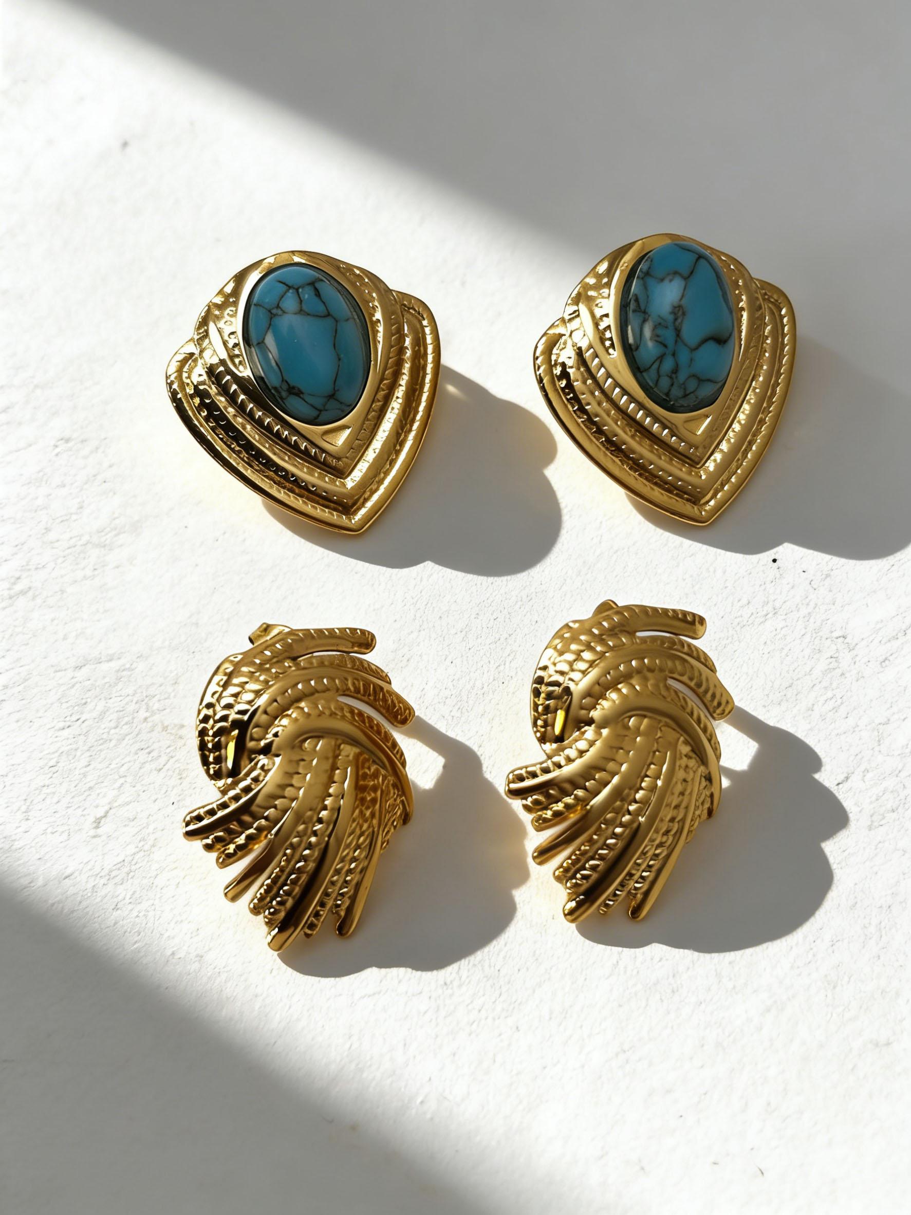 Boho Gold Statement Earrings for Women, Waterproof Stainless Steel Gold Studs with Pearl/Turquoise, Trendy Fashion Jewelry Gift for Her