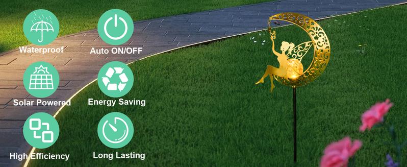 Solar Garden Statues Outdoor Decor Fairy Moon Figurine Light Stake, Housewarming Ornament for Patio, Lawn, Yard, Pathway, Unique Gift Ideas for Gardening Mom Grandma