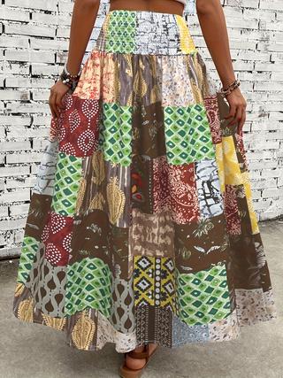 Plus Size Bohemian Maxi Skirt for Women - High-Waist A-Line Skirt with Vibrant Multi-Color Floral & Geometric Print, Fitted & Ruffled Hem, Machine Washable, All-Season Wear for Spring/Summer/Fall, Versatile Fashion Bottom
