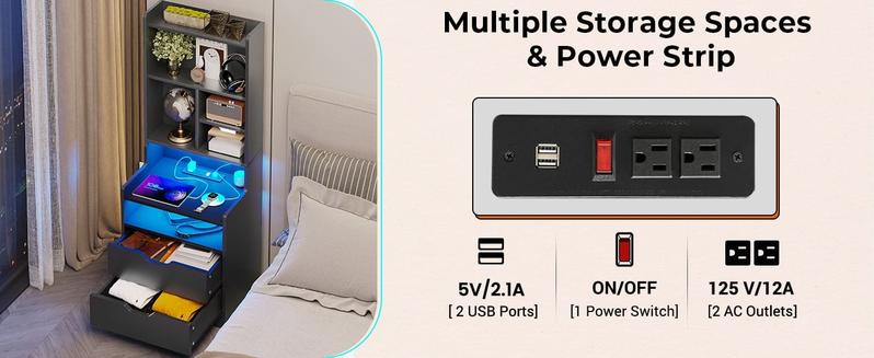 Sikaic LED Nightstand With Bookshelf Charging Station