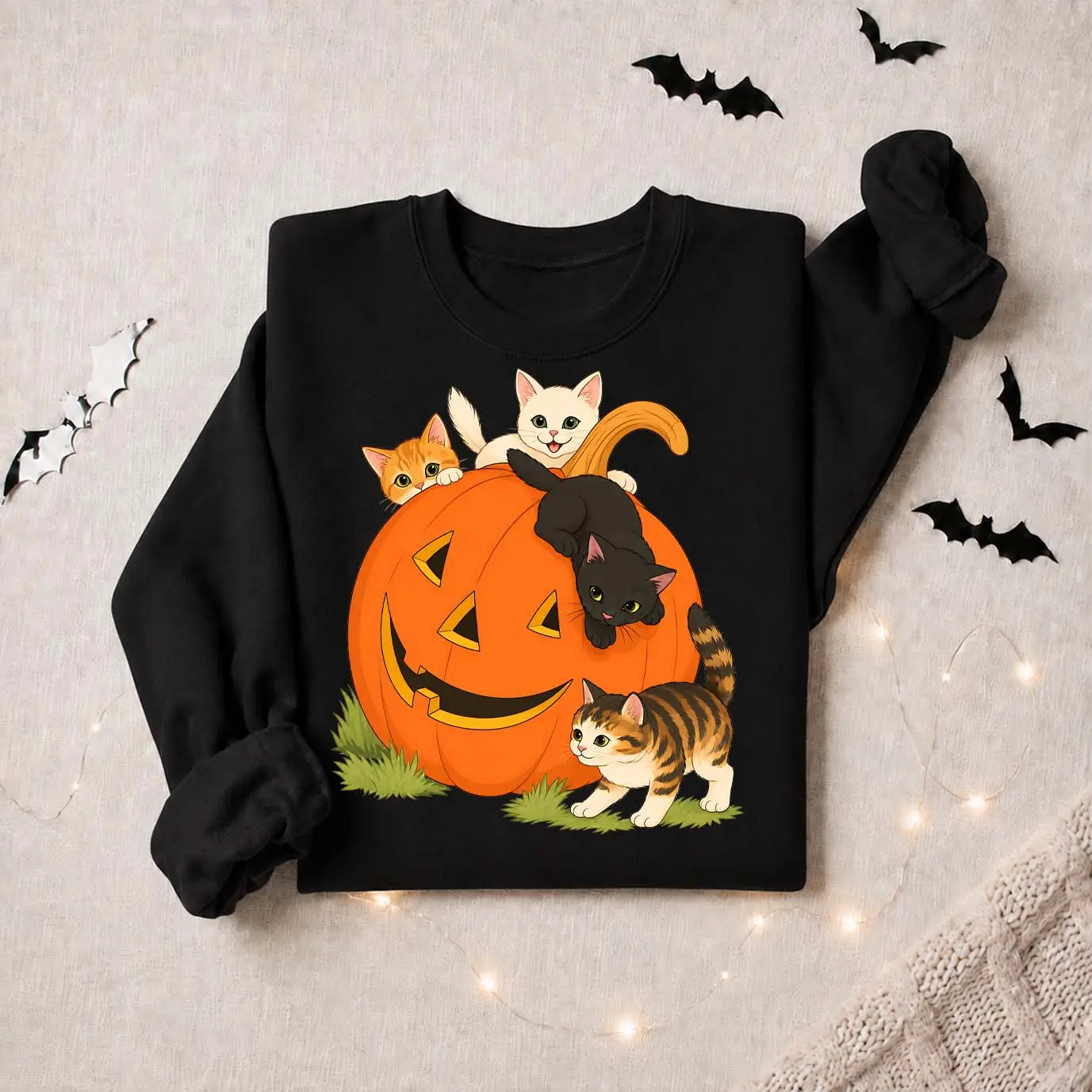 Women’s Halloween Cat & Pumpkin Graphic Sweatshirt, Cute Kitten Jack O’ Lantern Crewneck Pullover, Cozy Long Sleeve Fall Top for Cat Lovers, Casual Autumn Shirt for Halloween Parties, Pumpkin Patch, Weekend Wear & Seasonal Gifts