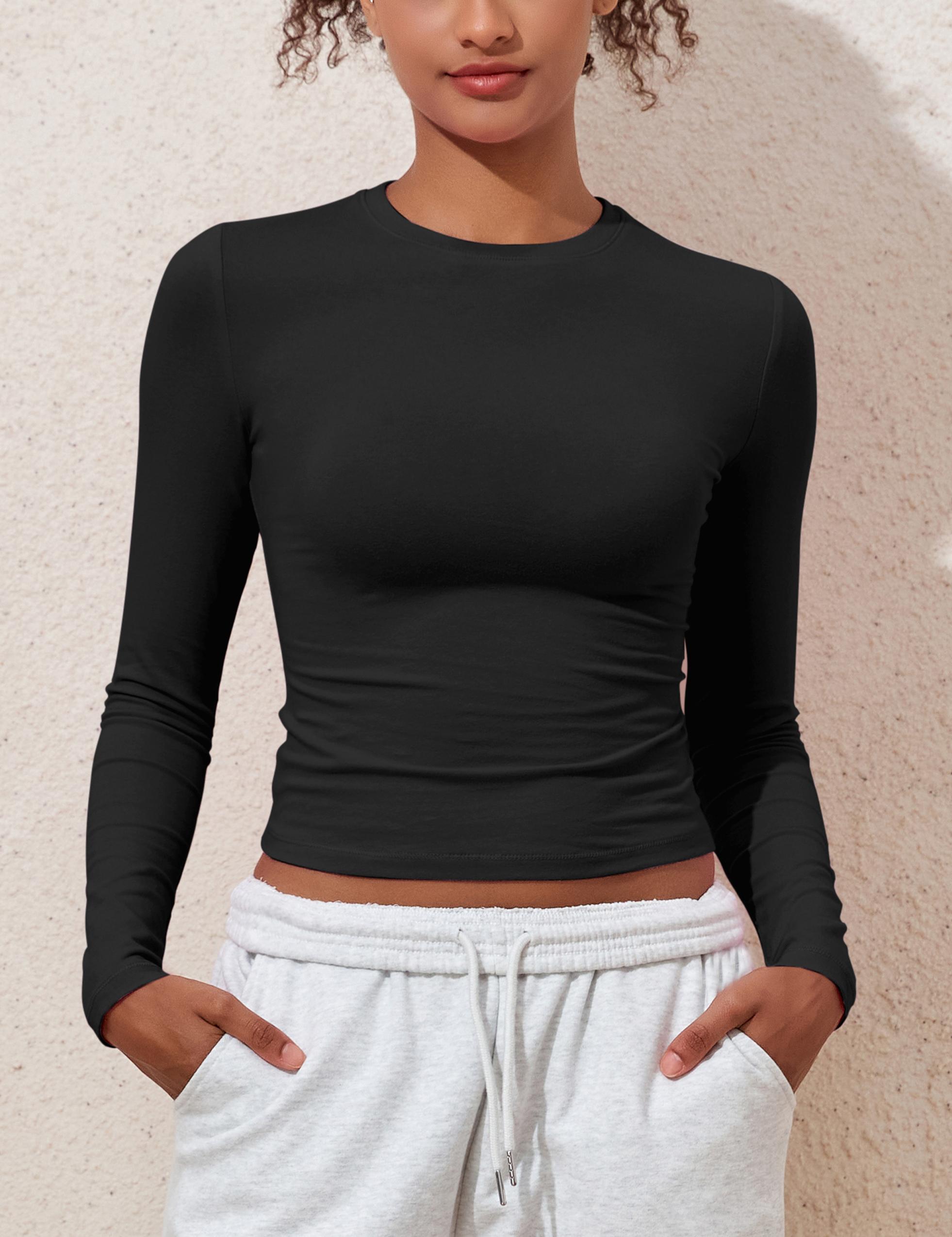 Hilor Women's Long Sleeve T Shirts Crew Neck Tight Fitted Tee Tops Basic Going Out Tops Crop Y2K Clothes