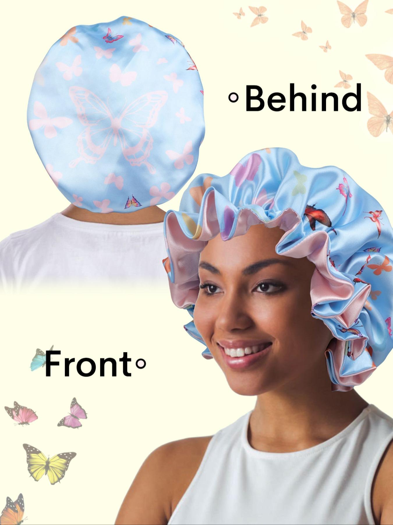 Soft Butterfly Print Sleep Cap for Unisex, Elegant Fashionable Sleep Hat, Beauty Makeup, Adjustable Wide Brim Bath Cap
