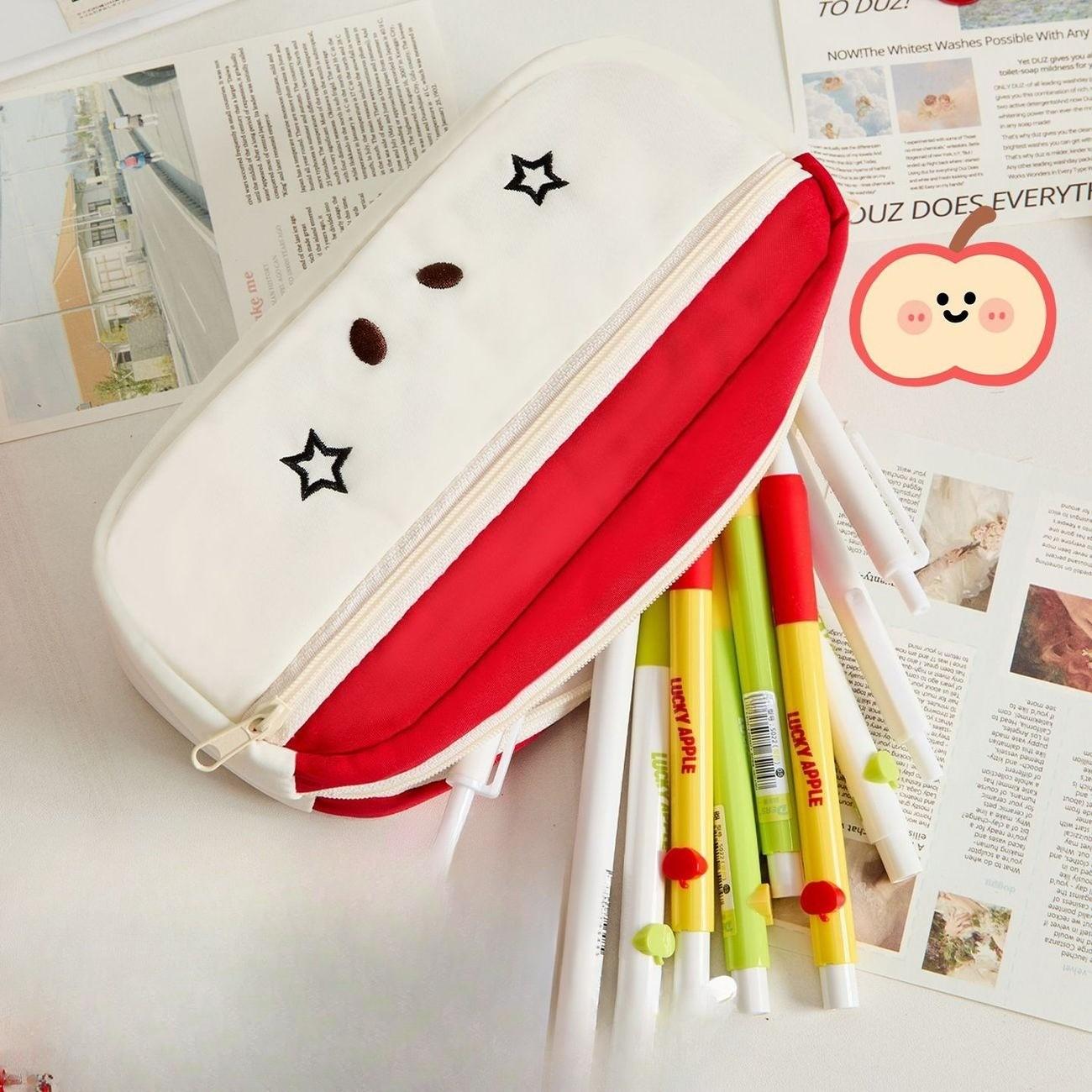 Apple Cat Embroidery Pen Bag, High-Quality Student Stationery Box with Excellent Appearance, Simple and Large Capacity Pencil Box
