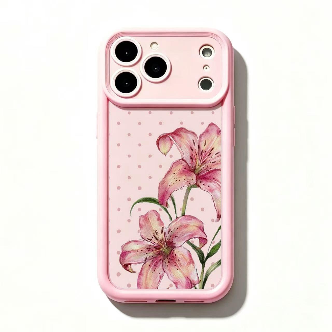 2 Styles Pink Frame Lily Floral Phone Case Watercolor Flower Polka Dot Romantic Botanical Shockproof Protective Cover for iPhone 11 12 Mini 13 Mini 14 15 16 17 Air Pro Max Samsung S26 S25 S24 S23 S22 S21 Gift for Her