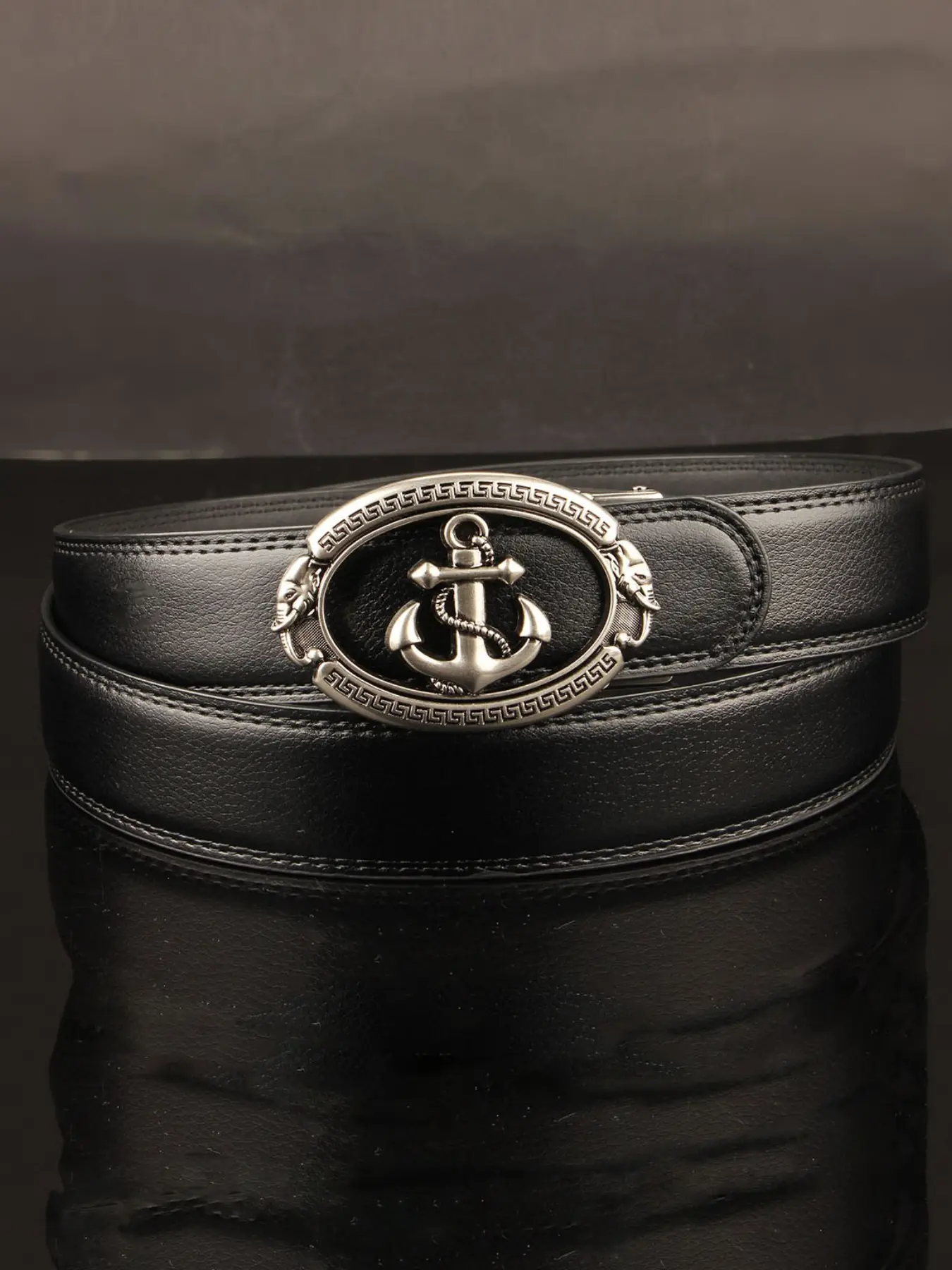 Men's Vintage Nautical Style Belt, Oval Embossed Anchor Alloy Buckle, Soft PU Adjustable Waistband, Perfect for Jeans and Casual Outdoors