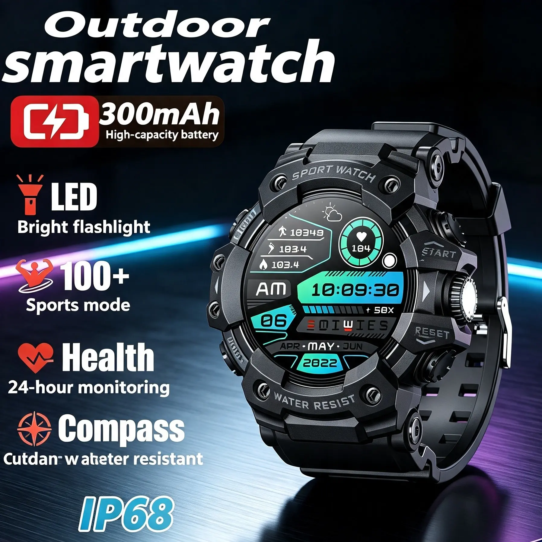Rugged Sports Smart Watch, Bluetooth-compatible Calls, Waterproof, Voice Recording, IP68 Water Resistant, Alloy Case, iOS Compatible