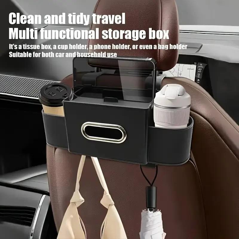 Car seat rear storage box - fashionable and practical, suitable for family adventures - cup holder, tissue box and hook - perfect for young people, road trips and travels Car seat rear storage box - fashionable and practical, suitable for family adventures - cup holder, tissue box and hook - perfect for young people, road trips and travels
